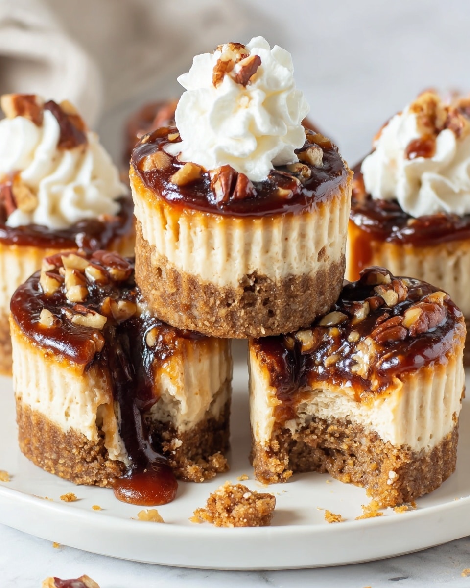 The image shows five mini cheesecakes on a white plate with a white marbled background. Each cheesecake has two layers: a crumbly light brown base and a creamy caramel-colored cheesecake layer above it. The cheesecakes are topped with a thick, glossy dark brown caramel sauce that contains pieces of nuts. One cheesecake is stacked on top of another, making a two-tiered stack. Two cheesecakes have a swirl of white whipped cream on top of the caramel sauce. One cheesecake in the foreground has a bite taken out, revealing the creamy inside and crumbly crust, with crumbs scattered on the plate. photo taken with an iphone --ar 4:5 --v 7