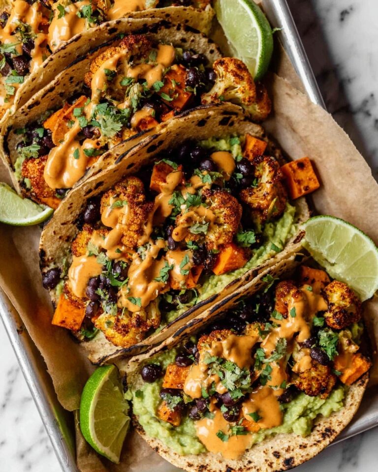 Roasted Sweet Potato and Cauliflower Tacos with Chipotle Cashew Crema Recipe