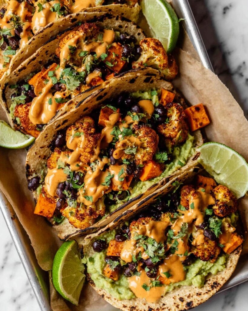 Roasted Sweet Potato and Cauliflower Tacos with Chipotle Cashew Crema Recipe
