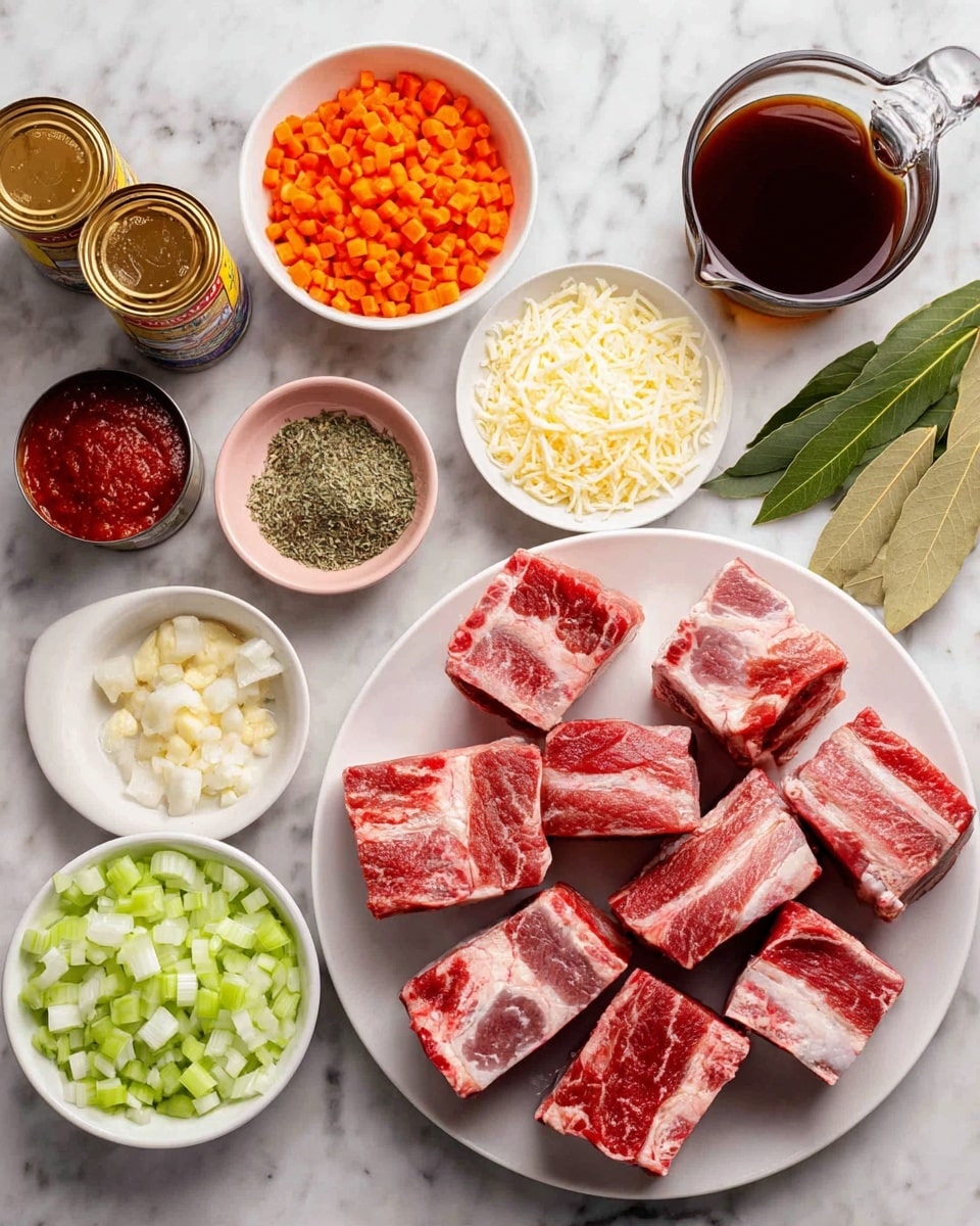 The image shows a white plate on the right side filled with eight raw beef ribs, displaying red meat with white marbled fat. Surrounding the plate on a white marbled surface are small white bowls filled with diced celery (light green), chopped onions (white), chopped carrots (orange), and finely grated cheese (light cream). There is also a small pink bowl with minced garlic (light yellow) and a small bowl of tomato paste (dark red). Additionally, there are fresh green herbs, two bay leaves, and mixed dried herbs on a small plate. Cans of crushed tomatoes and tomato sauce are placed on the left, along with a white measuring cup filled with dark brown liquid, and a clear glass container holding a dark liquid near the top right corner. The arrangement is neat and well-lit, showing a clear top view of all ingredients together. photo taken with an iphone --ar 4:5 --v 7