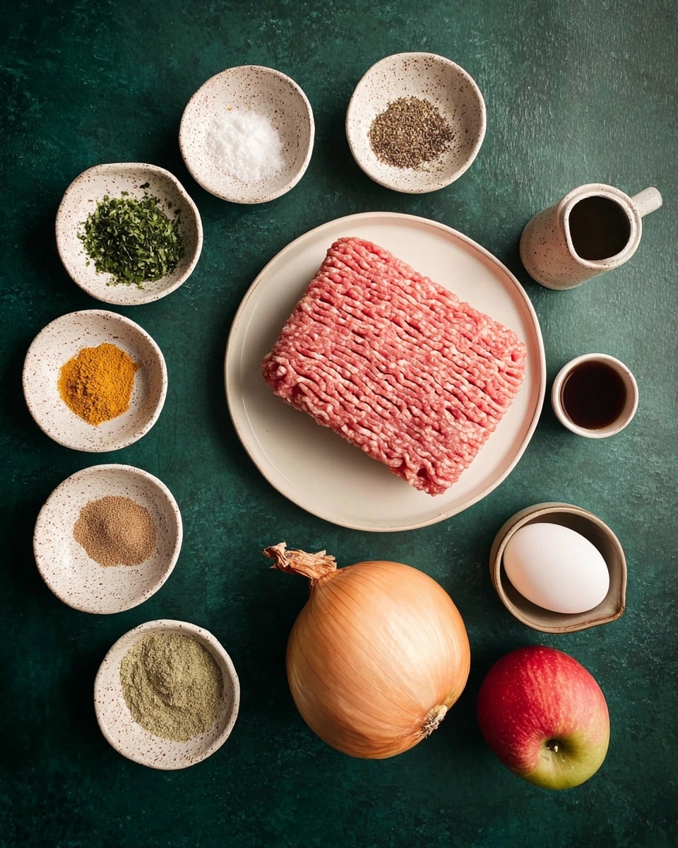 A top-down view of ingredients arranged on a dark green background, featuring a white plate at the center with a large, textured block of pink ground meat. Surrounding it are various small white and speckled ceramic bowls holding finely chopped green herbs, coarse salt and black pepper, yellow powder, and mixed ground spices. Below the meat plate is a whole, round, yellow onion with loose outer skin, and a red and green apple with a smooth surface. To the right, there is a white bowl holding a white egg and a small white cup filled with dark liquid. A small bowl with greenish powder completes the circle. Photo taken with an iphone --ar 4:5 --v 7