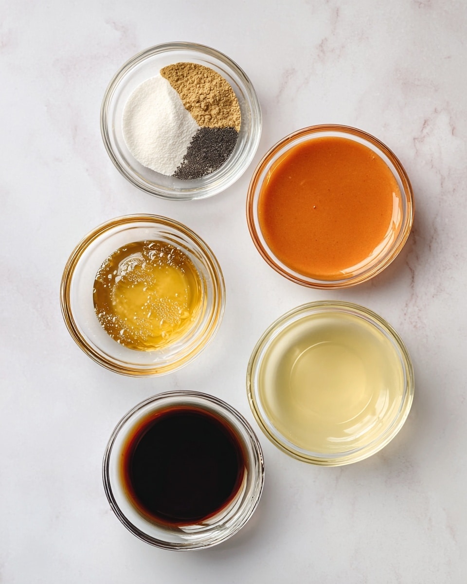 Five small clear glass bowls are placed on a white marbled surface. The top right bowl holds a smooth, bright orange liquid. The top left bowl contains four different powders and granules: white, light brown, tan, and black, arranged in separate areas within the bowl. Below these, the middle bowl has a golden-yellow liquid with small bubbles. The bottom left bowl is filled with a dark brown liquid, while the bottom right bowl contains a pale yellow, almost clear liquid. The bowls are evenly spaced and neatly arranged. photo taken with an iphone --ar 4:5 --v 7