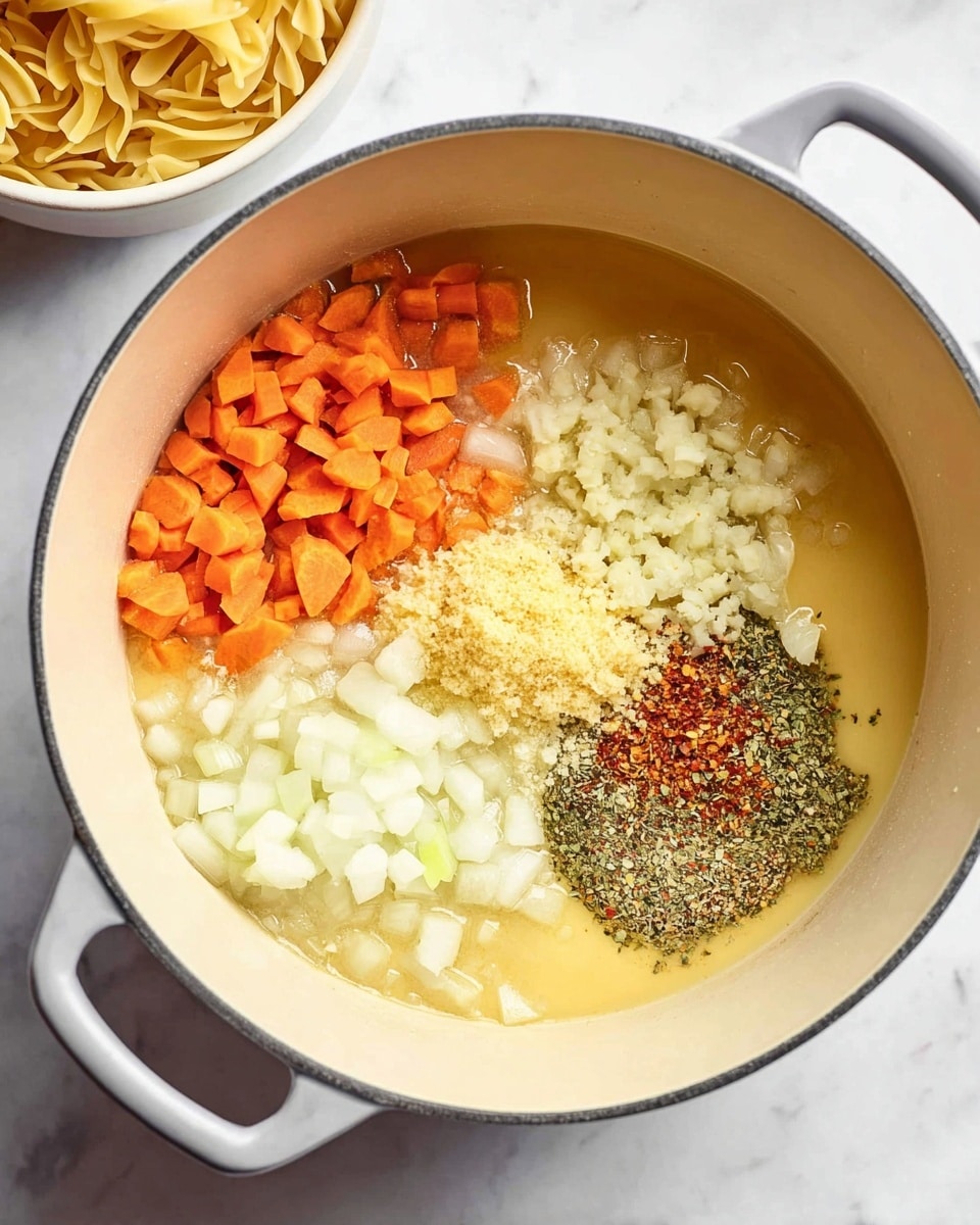 Inside a large white pot with light gray handles, there are four main ingredients arranged in neat sections on a smooth pale yellow liquid base. On the left, there are small orange carrot pieces, next to finely chopped white onions. To the right of the onion, finely grated pale yellow garlic is placed, and next to that is a pile of mixed spices including red pepper flakes and dried herbs with green and brown tones. The pot is sitting on a white marbled surface, and part of a white bowl with uncooked yellow pasta in the background is visible. Photo taken with an iphone --ar 4:5 --v 7