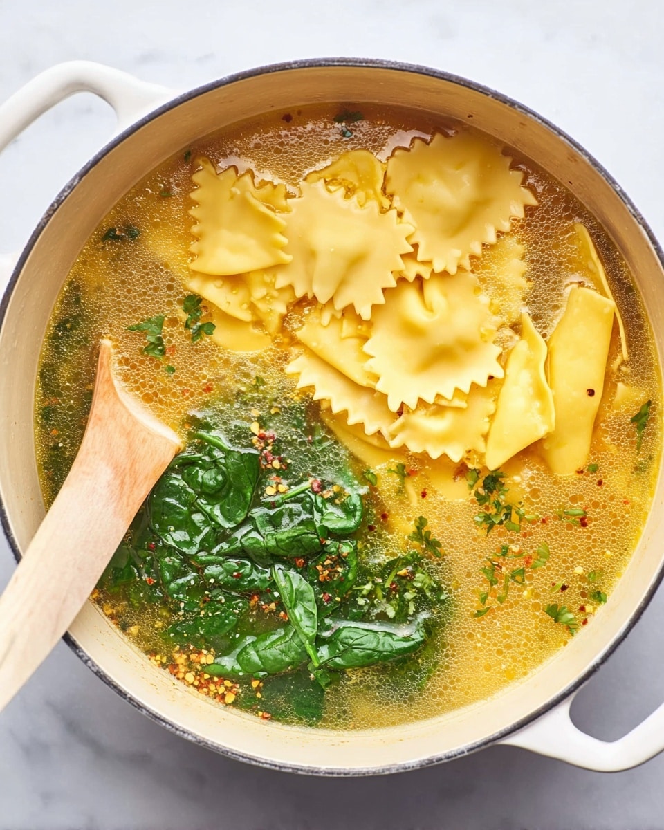 A white pot filled with clear broth with herbs and spices floating on the surface. Inside, there are three yellow, flat, wavy-edged pasta pieces partially submerged on the right side, and several folded, thinner pasta layers stacked nearby. On the bottom left, there is a cluster of bright green cooked spinach leaves resting on the broth. A light wooden spoon with a white handle is dipped into the pot on the left side. The pot is placed on a white marbled surface. photo taken with an iphone --ar 4:5 --v 7