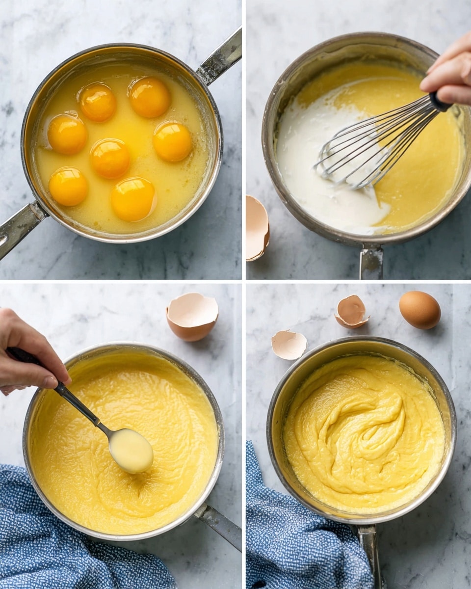 A collage of four images showing the process of making a yellow custard-like mixture in a metal pan on a white marbled surface. The first image in the top left shows seven egg yolks and some white liquid in the pan with a whisk inside. The top right image shows a woman's hand whisking the mixture while a white liquid is poured in. The bottom left image shows a woman's hand holding a spoon above the thick, smooth yellow mixture, and the bottom right image shows the mixture thickened and creamy with some texture on the surface. A blue and white cloth is placed nearby in the bottom images. Photo taken with an iphone --ar 4:5 --v 7