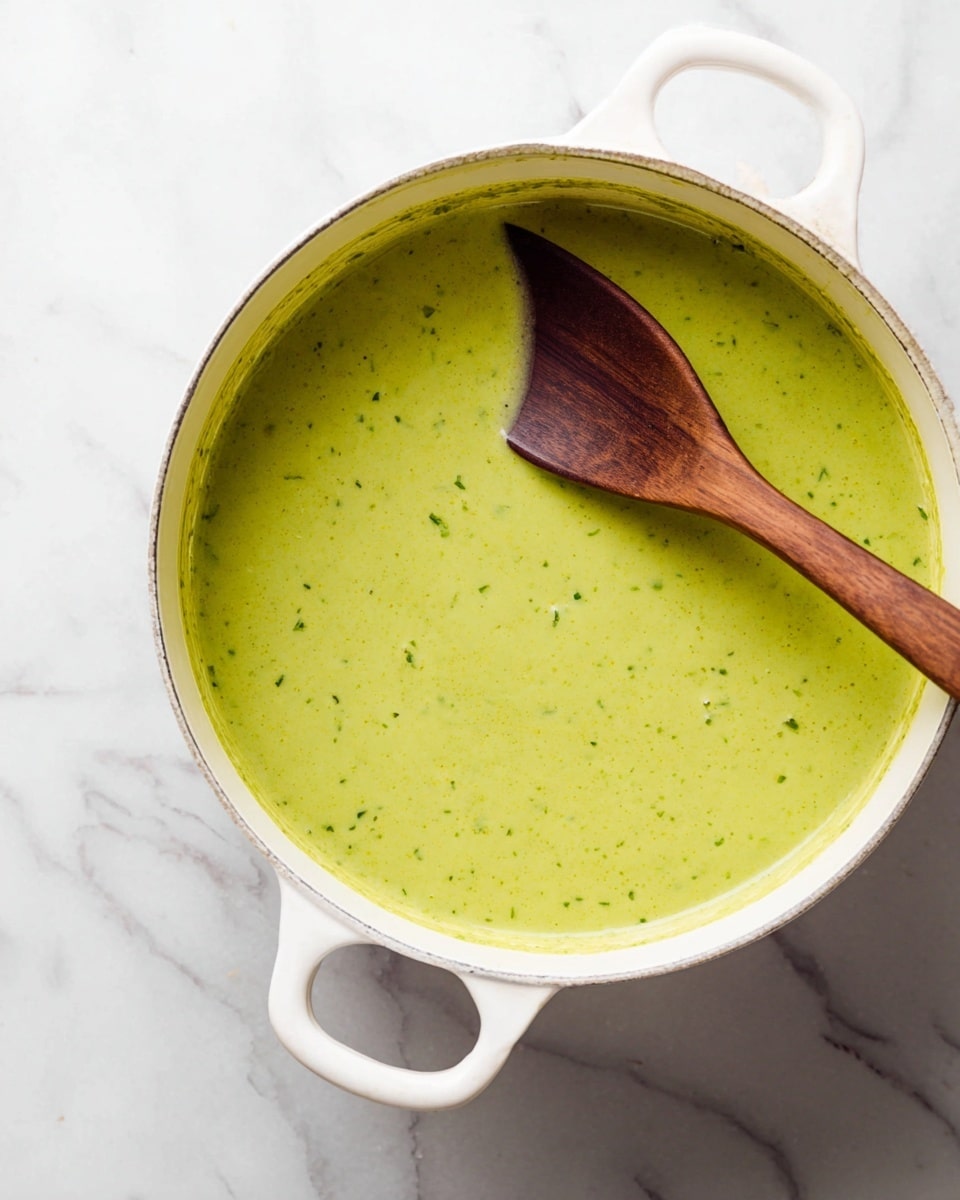 A white pot filled with smooth green soup that has small bits of darker green, showing a creamy texture with some specks inside. A wooden spoon with a rich brown color rests inside the pot, partially covered with the soup. The pot is placed on a white marbled surface with faint grey veins, adding contrast to the scene. Photo taken with an iphone --ar 4:5 --v 7