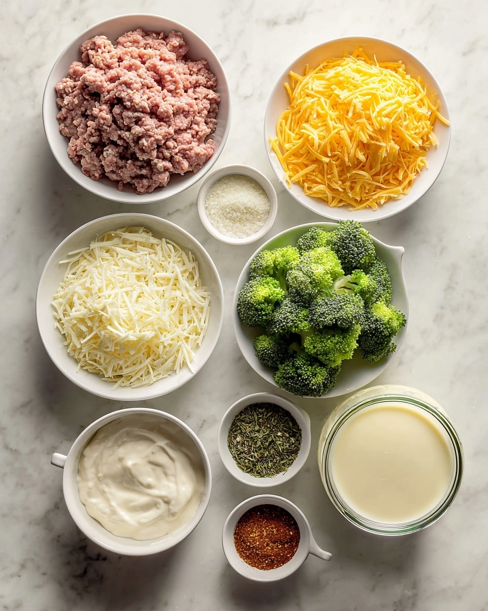 A top-down view shows nine white bowls and jars arranged on a white marbled surface. The largest bowl at the top left holds raw ground meat with a pinkish-brown color and crumbly texture. To the right, two medium-sized bowls are filled with shredded yellow cheddar cheese, showing thin string-like layers. Below the meat bowl, a medium bowl contains bright green broccoli florets with a rough, bumpy texture. A small bowl above the broccoli holds white shredded cheese with a fluffy texture. Near the center, a small bowl contains dried green herbs with a crumbly texture, while another small bowl next to it holds a reddish-brown spice powder with a fine, grainy surface. A white ceramic bowl beneath the herbs holds a creamy white sauce, smooth and swirled on top. A clear glass jar with a pale yellow liquid sits beside this bowl. At the bottom right, a medium bowl contains a white liquid, smooth and reflective on its surface. All bowls and jars are neatly spaced on the uniform white marbled surface with soft natural lighting. Photo taken with an iphone --ar 4:5 --v 7