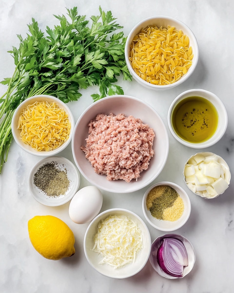 The image shows ingredients neatly arranged on a white marbled surface. In the center, a white bowl holds light pink raw ground meat, surrounded by smaller white bowls with different ingredients: yellow orzo pasta, olive oil, chopped red onion, crumbled white cheese, breadcrumbs, shredded pale yellow cheese, yellow minced garlic, and a small dish with mixed spices including salt, black pepper, and dried herbs. A white egg and a whole lemon are placed at the bottom, while a bunch of fresh green parsley lies in the top left corner. The photo taken with an iphone --ar 4:5 --v 7