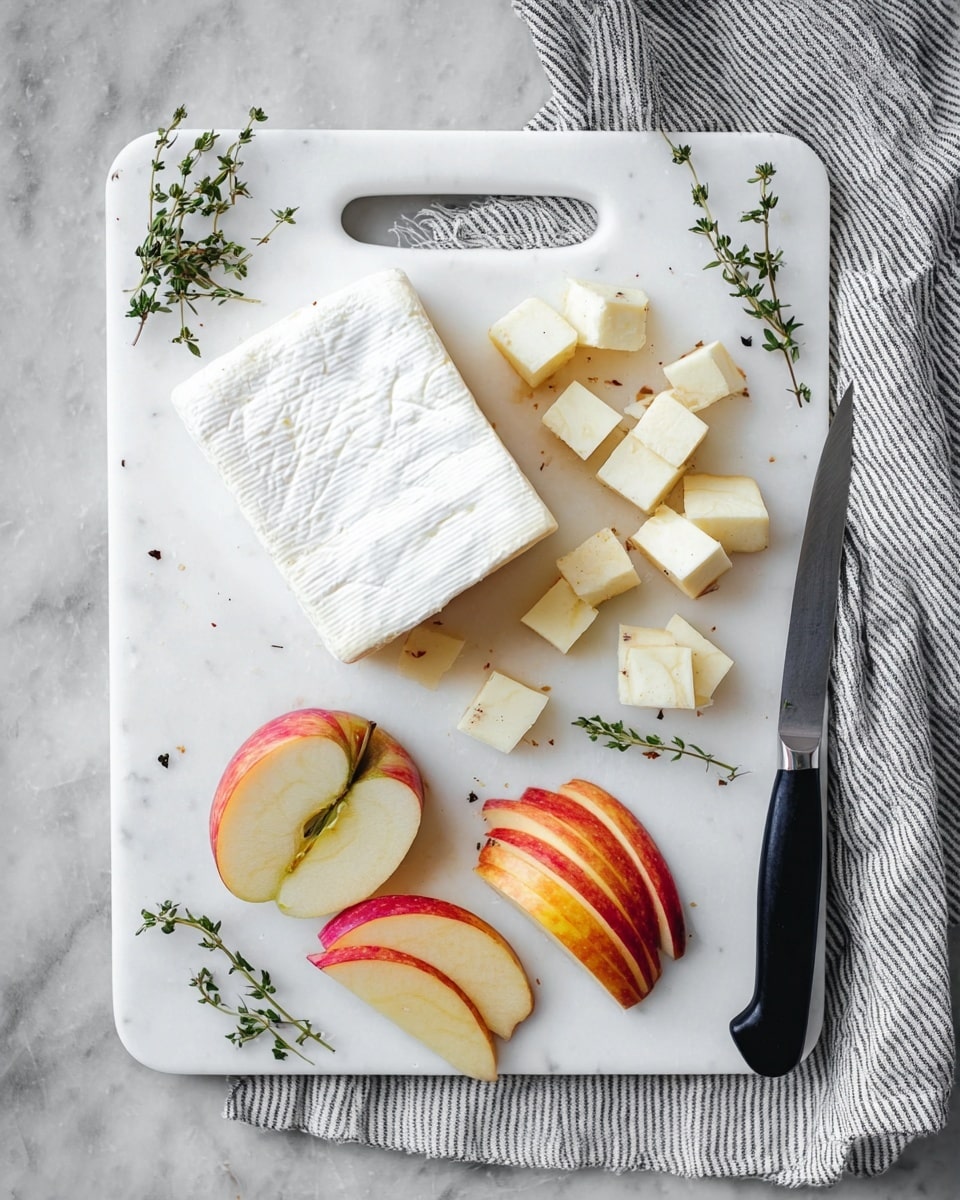 A white cutting board on a white marbled surface holds a wedge of soft white cheese, with some small sliced pieces arranged beside it. Next to the cheese, there are two halves of a red and yellow apple, and several thin slices of the same apple fanned out in neat rows below. Small sprigs of fresh thyme are placed above the apple halves. A knife with a black handle lies diagonally on the bottom right corner of the cutting board. A black and white striped cloth is partially visible on the top right corner. Photo taken with an iphone --ar 4:5 --v 7