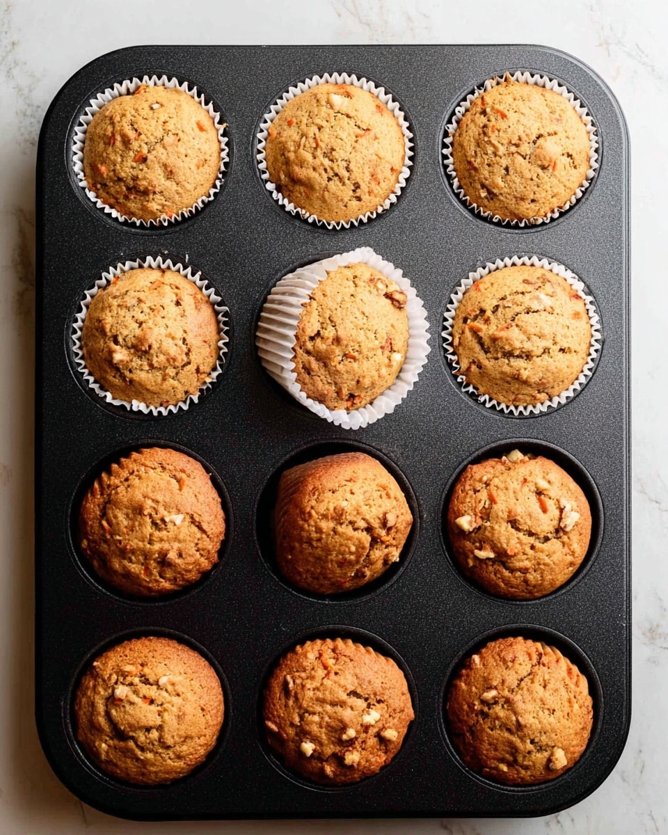 A black 12-cup muffin tray filled with light brown muffin batter mixed with small bits of carrot and nuts, each cup lined with a white paper cupcake liner. Next to it, the same tray holds the baked muffins, now golden brown and risen, showing some cracks and rough, textured tops with the white paper liners still visible. The tray rests on a white marbled surface. Photo taken with an iphone --ar 4:5 --v 7