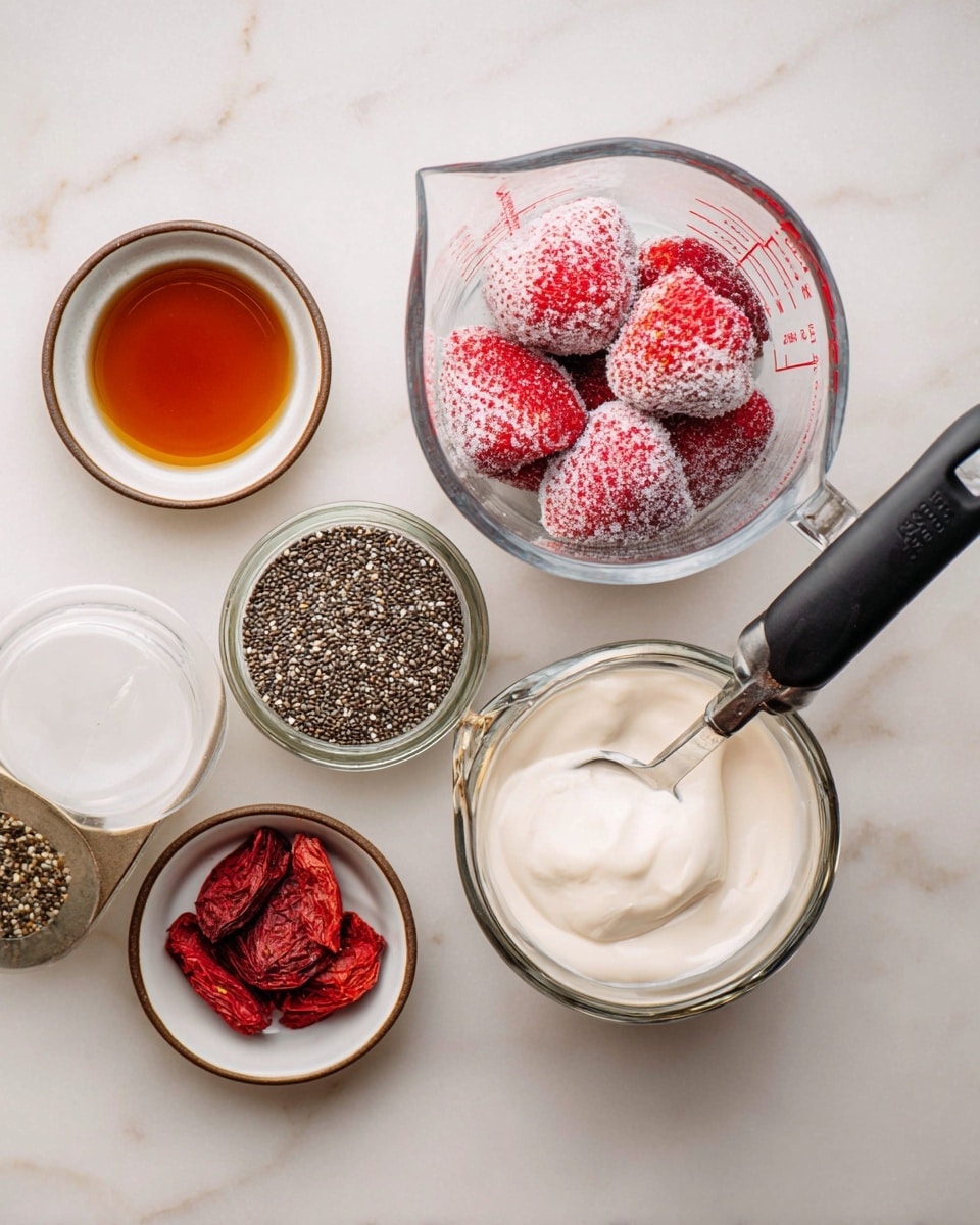 The image shows six small dishes and containers arranged on a white marbled surface. A clear glass measuring cup on the top right holds several frozen whole strawberries covered with frost, showing red and white colors. Below it, there is a clear glass jar with a white lid filled with tiny black and white chia seeds. To the left, three small round white bowls with brown rims contain different ingredients: one has a dark amber liquid, the next contains dried strawberry slices that appear red and light pink, and the third is a metal scoop with a black handle filled with smooth, white creamy yogurt that slightly overflows the scoop. The composition highlights the different textures from smooth cream, juicy frozen fruit, dry seeds, and syrupy liquid. The photo taken with an iphone --ar 4:5 --v 7