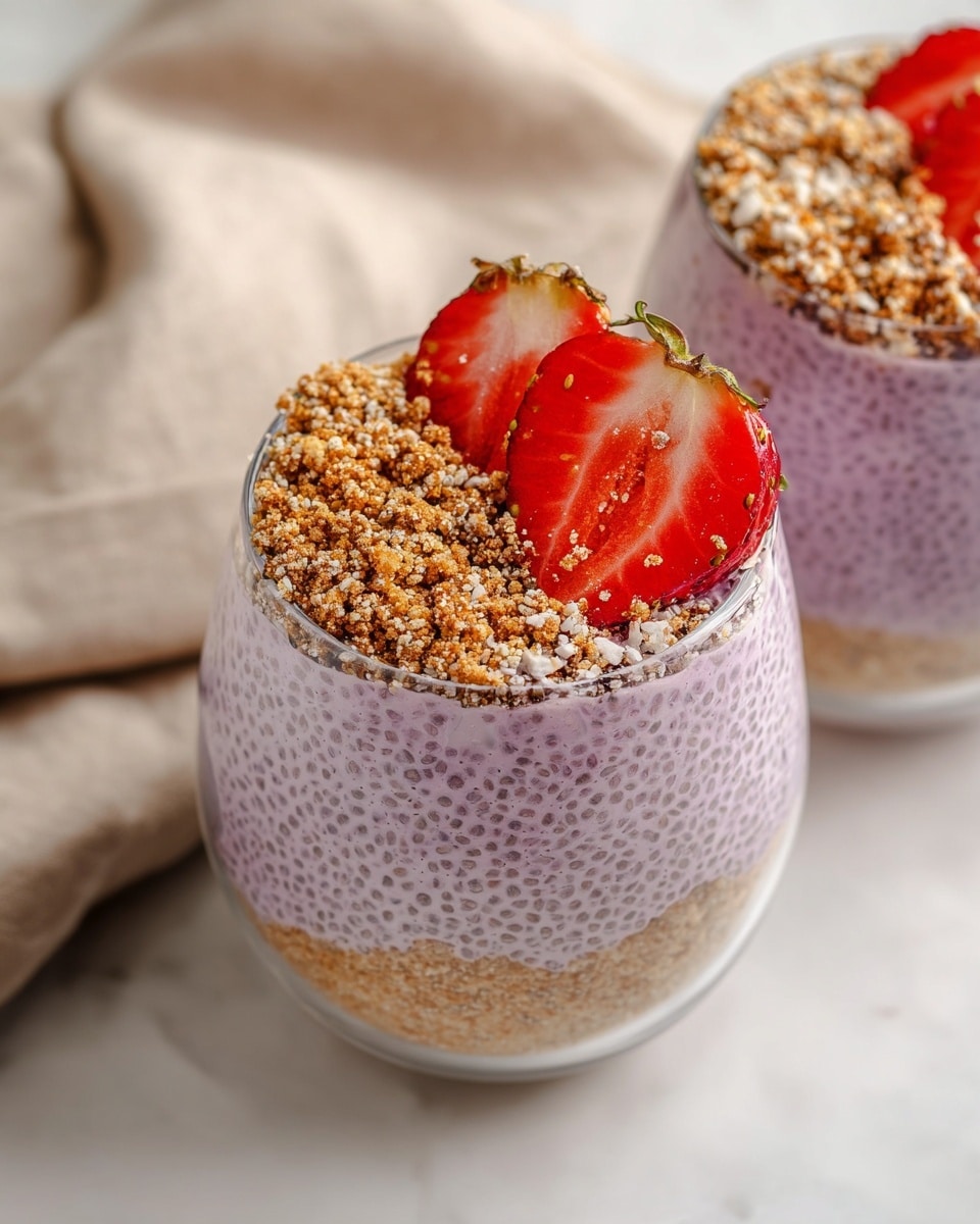 The image shows two glass cups filled with three visible layers: at the bottom, a light beige crumbly layer, above it a thick light purple chia pudding with small dark chia seeds visible throughout, and on top, half the cup is covered with a light brown crumbly topping while the other half holds a sliced bright red strawberry with a green stem, sprinkled lightly with crumbs. The cups are placed on a white marbled surface with a beige cloth in the background. photo taken with an iphone --ar 4:5 --v 7