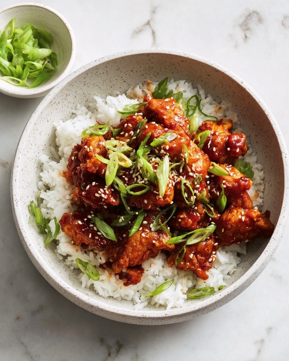 A white speckled bowl contains a base layer of fluffy white rice topped with several pieces of reddish-brown sauced chicken scattered throughout. The chicken is coated in a shiny, thick sauce and garnished with bright green slices of scallions and a sprinkle of small white sesame seeds. To the side, a small white bowl holds extra green scallion slices. The dish is placed on a surface with a white marbled texture. Photo taken with an iphone --ar 4:5 --v 7