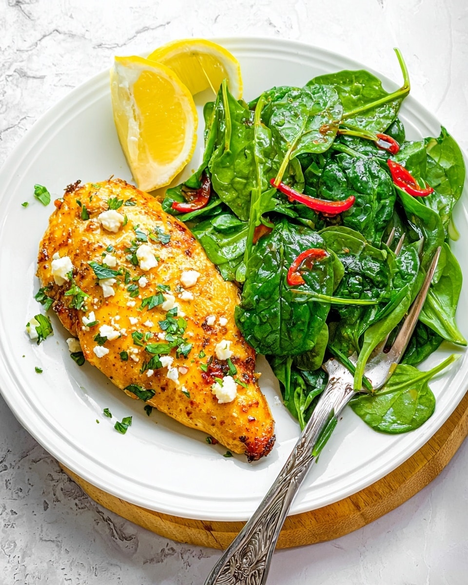 A white plate holds a golden-brown cooked chicken piece on the left, sprinkled with small white cheese crumbles and chopped green herbs. A bright yellow lemon wedge rests above the chicken near the plate's edge. On the right side of the plate, there is a fresh, green spinach salad with smooth and shiny leaves, dotted with thin red pepper slices and green herb sprigs. A silver fork with a decorated handle lies partially on the plate beside the chicken. The plate sits on a light wooden circle with a white marbled textured surface underneath. photo taken with an iphone --ar 4:5 --v 7