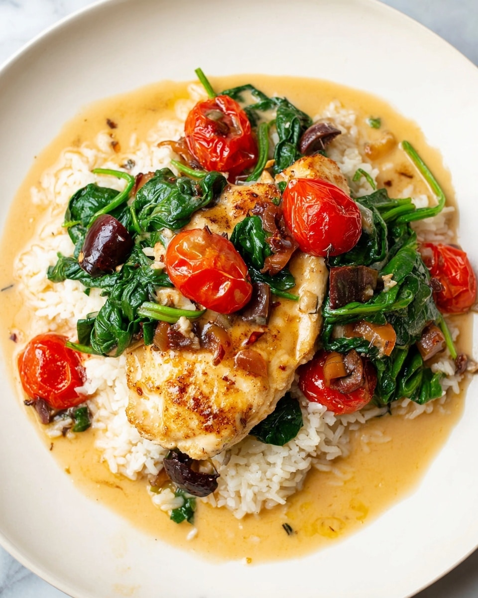 A white plate holds a dish with three main layers. The bottom layer is white rice with a soft texture, spread across the plate's base. On top of the rice, there are bright green spinach leaves, mixed with halved, shiny red cherry tomatoes and dark brown olive pieces scattered around. The top layer features a golden-brown cooked chicken piece seared with a slight crispy texture on the edges. The dish is lightly covered with a pale brown sauce that pools around the rice and chicken. Photo taken with an iphone --ar 4:5 --v 7