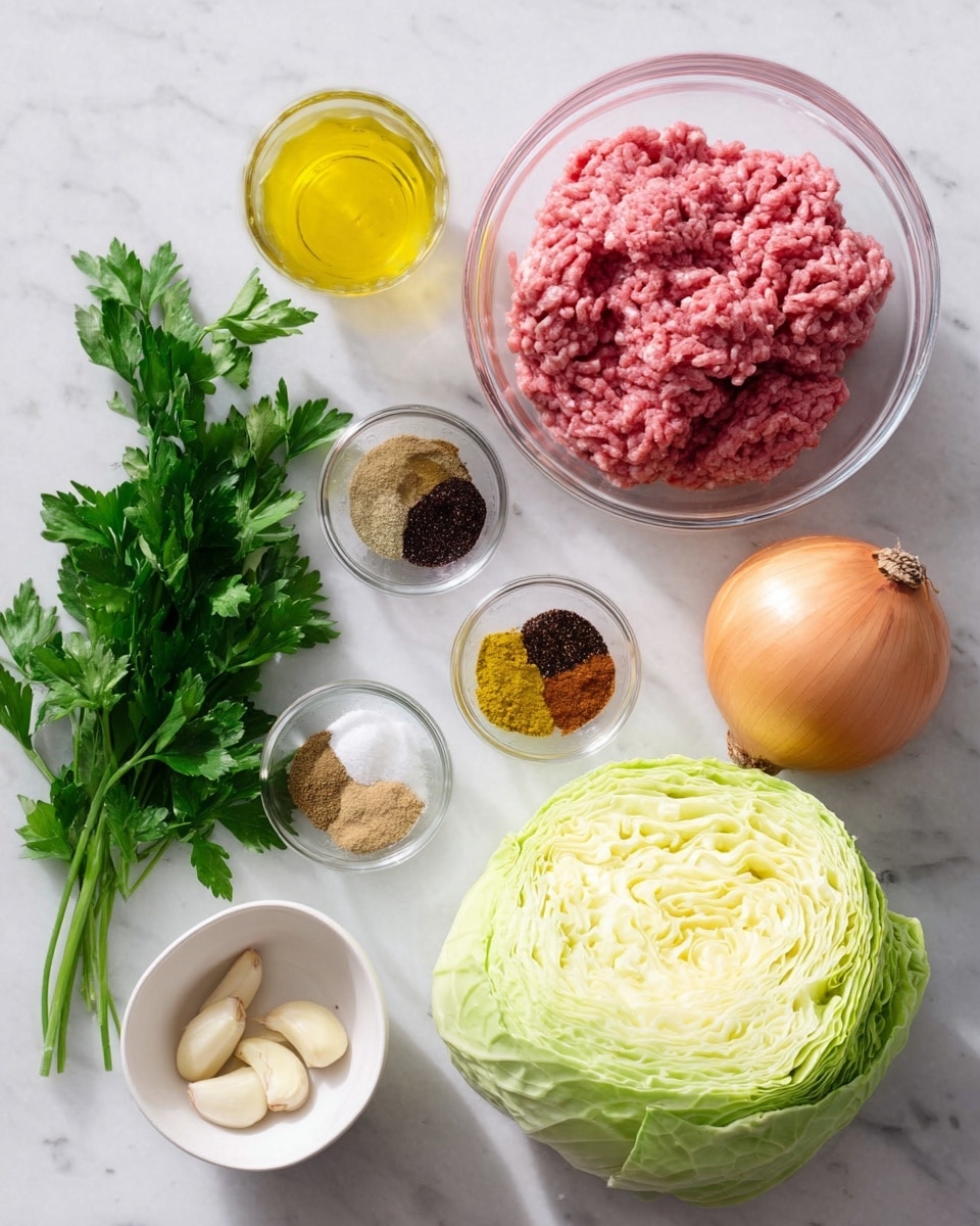 The image shows several fresh cooking ingredients arranged neatly on a white marbled surface. There is a large clear bowl with pink ground meat, a smaller clear bowl with five different spices in separate piles: dark brown, black, light brown, white, and reddish-brown. A whole light brown onion sits next to bright green parsley leaves, a pale green cabbage head with smooth textured leaves, and a whole yellow lemon. There is a small white bowl with three garlic cloves and a glass bottle with golden olive oil. The colors are natural and vibrant, with light shining softly from above, making everything look fresh and clean. Photo taken with an iphone --ar 4:5 --v 7
