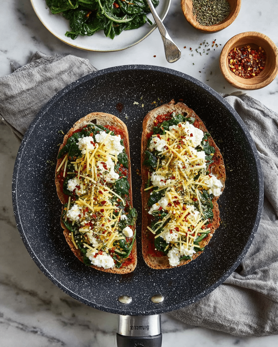 Two slices of bread lie side by side inside a black speckled frying pan on a white marbled surface. Each slice is layered with a base of red sauce, followed by bright green sautéed spinach, and topped with dollops of white ricotta cheese. Shredded yellow cheese is spread evenly on top, scattered with red chili flakes and dried herbs. Around the pan, there is a soft gray cloth, a white plate holding more spinach with a silver spoon, and small bowls with red chili flakes and dried oregano. Photo taken with an iphone --ar 4:5 --v 7
