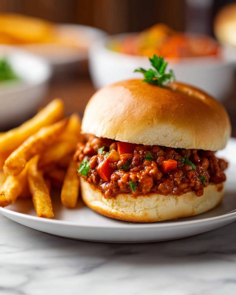A sloppy joe sandwich sits on a white plate with a soft, golden-brown bun. The bottom bun is filled with chunky meat and bean mixture in a shiny red sauce, dotted with bright green herbs and bits of red pepper. The top bun rests slightly tilted on the filling, topped with a small green parsley leaf. To the left on the plate, there is a pile of thick, crispy, golden fries. The plate is placed on a white marbled surface, and the background includes blurred bowls with additional food. photo taken with an iphone --ar 4:5 --v 7