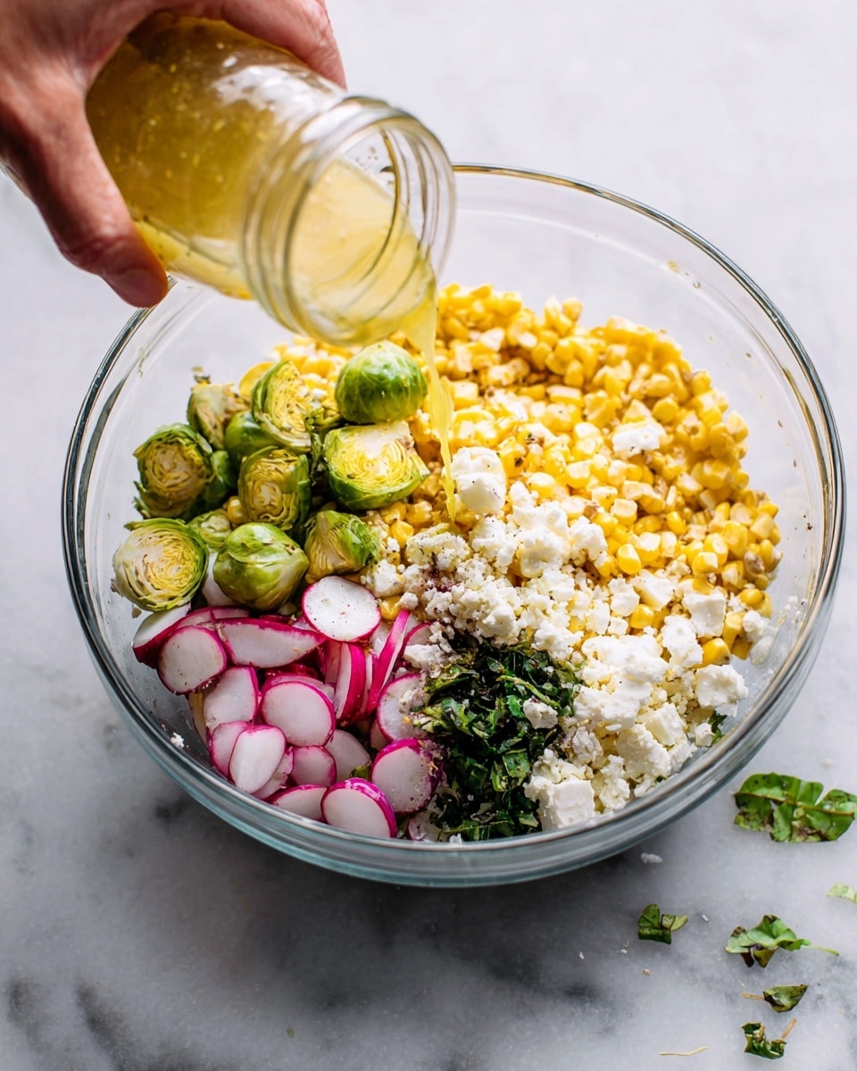 A clear glass bowl displays a colorful mix of fresh salad ingredients arranged in separate sections: bright yellow grilled corn kernels, thin round slices of red and white radishes, halved small green Brussels sprouts, crumbled white cheese, and a small pile of chopped dark green herbs. A woman's hand pours a light yellow dressing from a small glass jar over the vegetables. The bowl is placed on a white marbled surface with a few stray green herb leaves nearby. Photo taken with an iphone --ar 4:5 --v 7