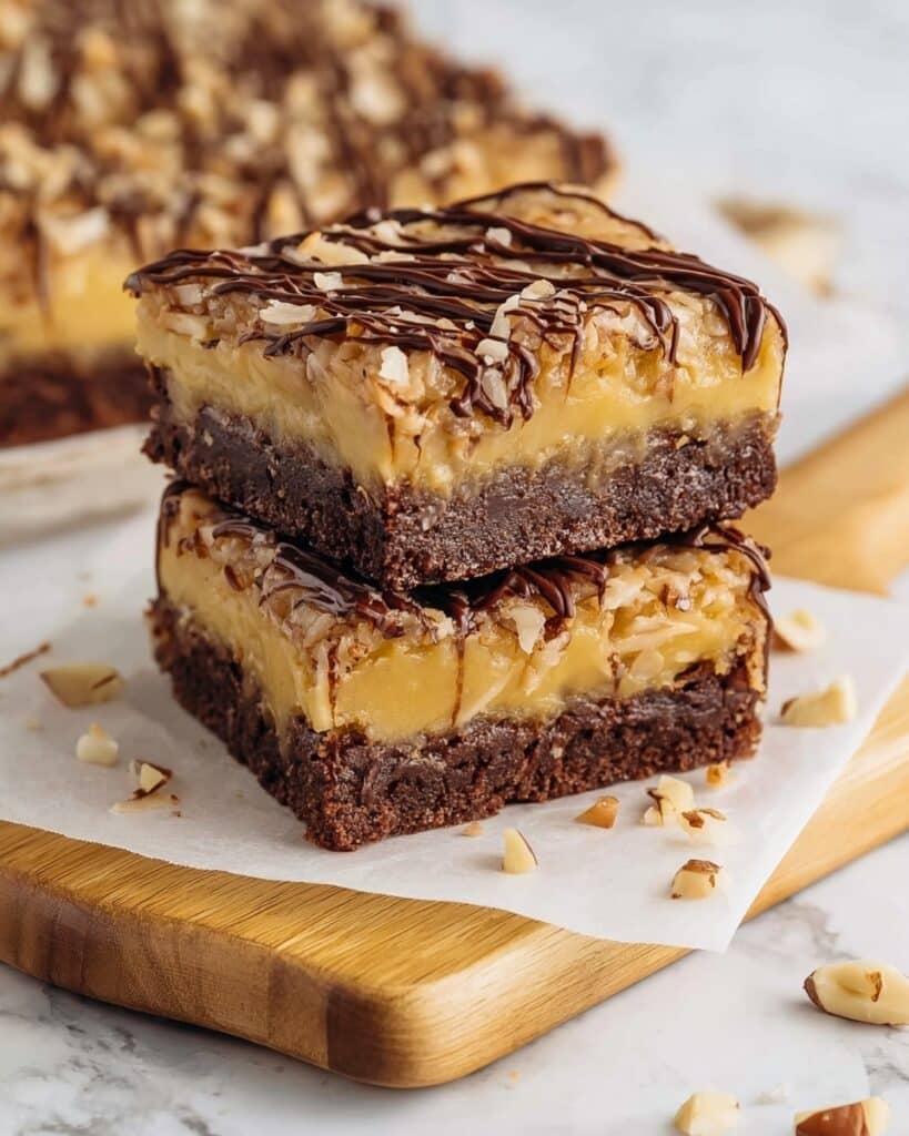 German Chocolate Brownie Bars with Toasted Pecans and Coconut Frosting Recipe
