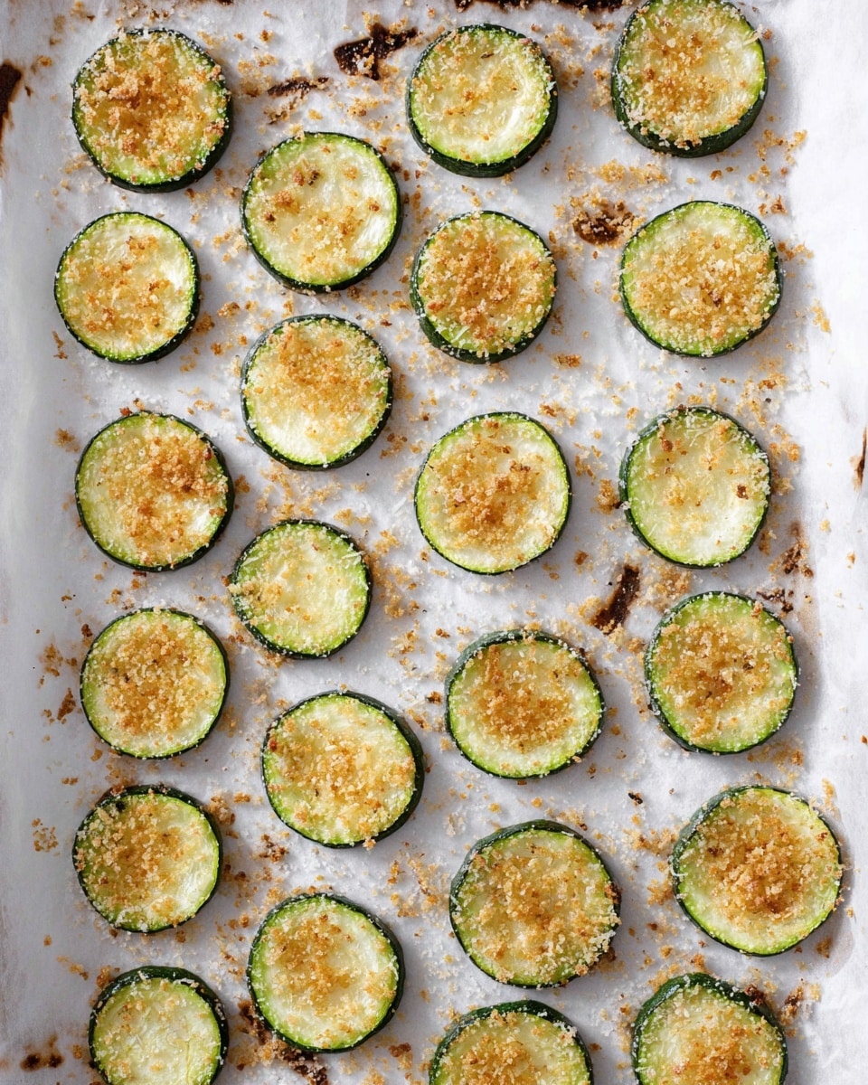 This image shows one layer of small, round zucchini slices spread evenly on a baking tray lined with white parchment paper. Each zucchini slice is light green with a darker green edge, topped with a thin, uneven layer of golden brown toasted crumbs or cheese, giving a slightly crispy texture. The tray has some browned spots around the slices from cooking. The background is a white marbled texture. photo taken with an iphone --ar 4:5 --v 7