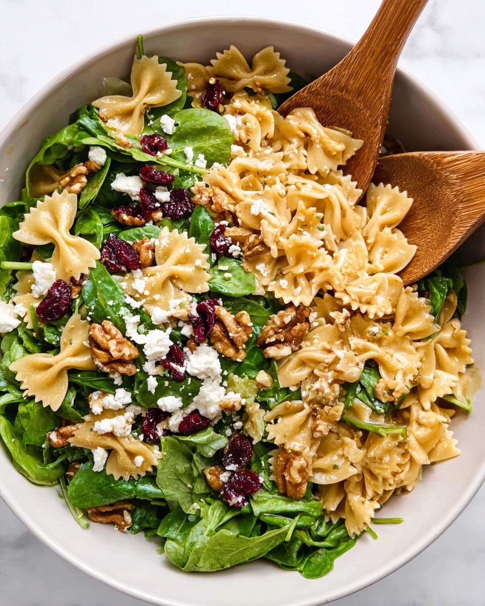 A white round bowl filled with a pasta salad consisting of three main layers: the bottom layer of light golden bowtie pasta with a smooth texture, the middle layer of fresh dark green leafy arugula and spinach scattered evenly, and the top layer of small white crumbles of cheese, deep red dried cranberries, and light brown whole walnuts. Two wooden spoons rest on the salad, one placed on the right and the other at the bottom of the bowl, mixing the ingredients lightly. The background is a white marbled surface. photo taken with an iphone --ar 4:5 --v 7