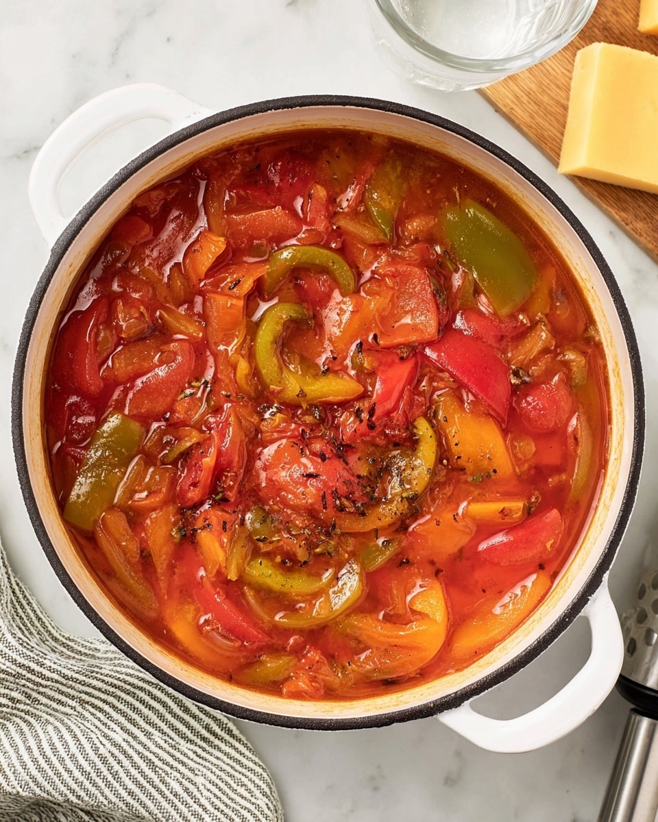 A round white pot with two handles holds a chunky tomato-based stew with layers of soft red and orange roasted peppers, green bell pepper slices, and translucent yellow onion pieces mixed in a slightly oily, rich reddish-orange broth. The ingredients float closely together with some herbs visible and slight char marks on a few pepper pieces. The pot sits on a white marbled surface with part of a grated yellow cheese block and a glass of white liquid visible near the upper right edge, and a metal immersion blender with a striped cloth near the lower left corner photo taken with an iphone --ar 4:5 --v 7