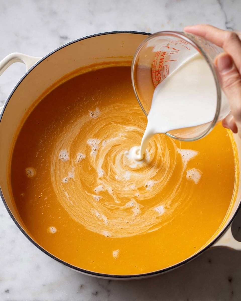 The image shows a white pot filled with a thick, smooth orange soup. A woman's hand is pouring a layer of white cream from a clear measuring cup into the center of the soup, creating a soft swirling pattern on the surface. The pot sits on a white marbled surface, and the soup has a slightly glossy texture that contrasts with the cream's matte finish. photo taken with an iphone --ar 4:5 --v 7