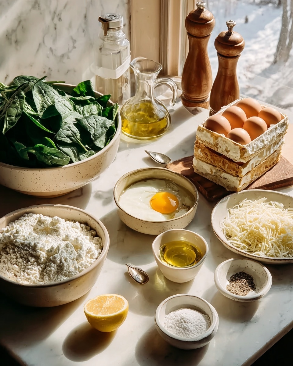 A collection of cooking ingredients arranged on a white marbled surface near a window with soft natural light. There is a large beige bowl filled with fresh green spinach leaves on the left side. In front of it, a bowl holds white crumbled cheese. Next to it, a clear glass bowl contains golden olive oil. Toward the center, a small beige bowl has a creamy mixture with a raw egg yolk in the middle and a thin lemon slice on the side. Nearby, a round lemon sits on the surface. Small bowls hold white flour, salt, and black pepper. To the right, a white bowl contains shredded white cheese. Behind these, a carton with four brown eggs and a wooden board stacked with rectangular layers of a light cream and crispy pastry are visible. A glass bottle with olive oil and wooden pepper mills stand in the back with soft shadows around them. photo taken with an iphone --ar 4:5 --v 7