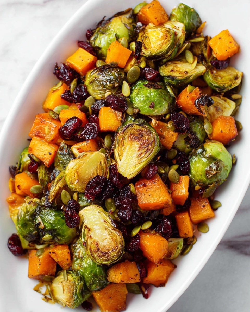 A white dish filled with roasted Brussels sprouts and orange butternut squash cubes, showing a mix of green and golden-brown charred textures on the sprouts and soft, slightly caramelized orange squash pieces. Scattered on top are dark red dried cranberries and light green pumpkin seeds adding color and texture contrast. The dish is placed on a white marbled surface, and the close-up shot clearly shows the crisp edges and vibrant colors of each ingredient. photo taken with an iphone --ar 4:5 --v 7