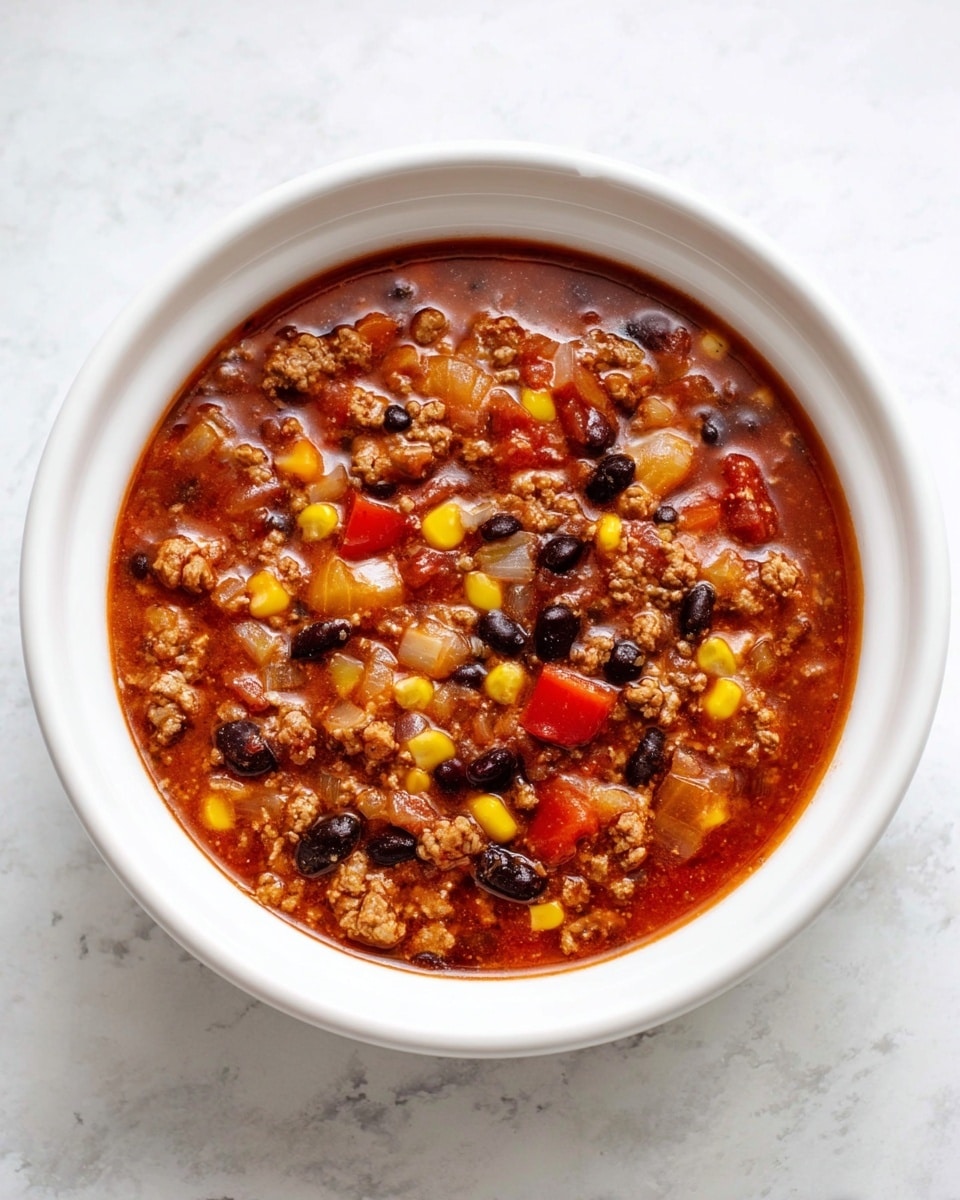 A white bowl filled with a thick soup that has a rich red base with visible pieces of ground meat, black beans, corn kernels, diced onions, and small chunks of red and yellow bell peppers, all mixed together in the soup evenly, placed on a white marbled surface photo taken with an iphone --ar 4:5 --v 7