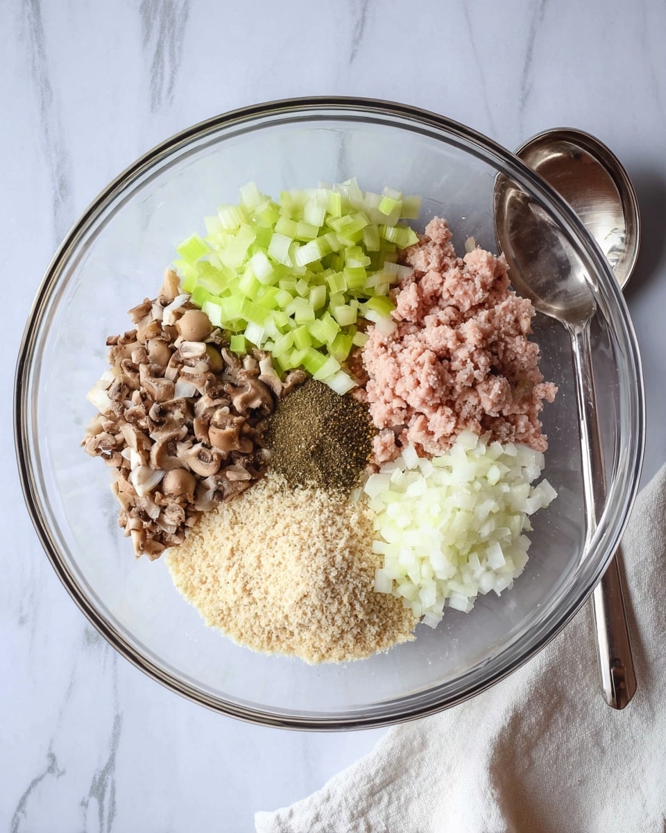 A clear glass bowl contains six separate piles of ingredients arranged in a circular pattern, all ready to be mixed. Starting from the left, there is a pile of finely chopped brown mushrooms with a rough texture. Above it, there is a pile of small, pale green diced celery. To the right, there is light pink ground meat sitting beside a small mound of dark greenish-brown seasoning powder. In the center, there is a pile of light beige breadcrumbs with a crumbly texture. Below the breadcrumbs, there is a pile of finely chopped white onion. To the right of the bowl, there is a silver spoon resting on a white marbled surface with a folded white cloth next to it. photo taken with an iphone --ar 4:5 --v 7
