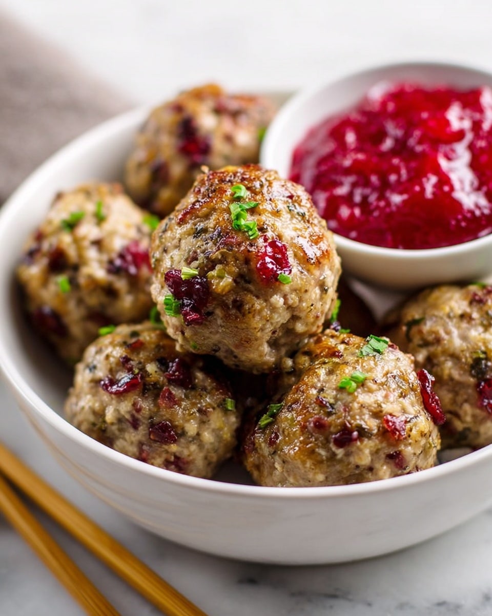 The image shows a white bowl filled with five round meatballs that have a textured surface with visible bits of green herbs and red dried cranberries mixed in. The meatballs look cooked with a slight shine and scattered small green herb pieces on top. Inside the bowl, there is also a smaller white bowl filled with bright red sauce, likely cranberry sauce, which looks smooth and thick. The bowl is placed on a white marbled texture surface with two wooden chopsticks lying beside it, slightly blurred in the background. The overall look is bright and fresh, with a focus on the contrast between the brown meatballs and the red sauce. photo taken with an iphone --ar 4:5 --v 7