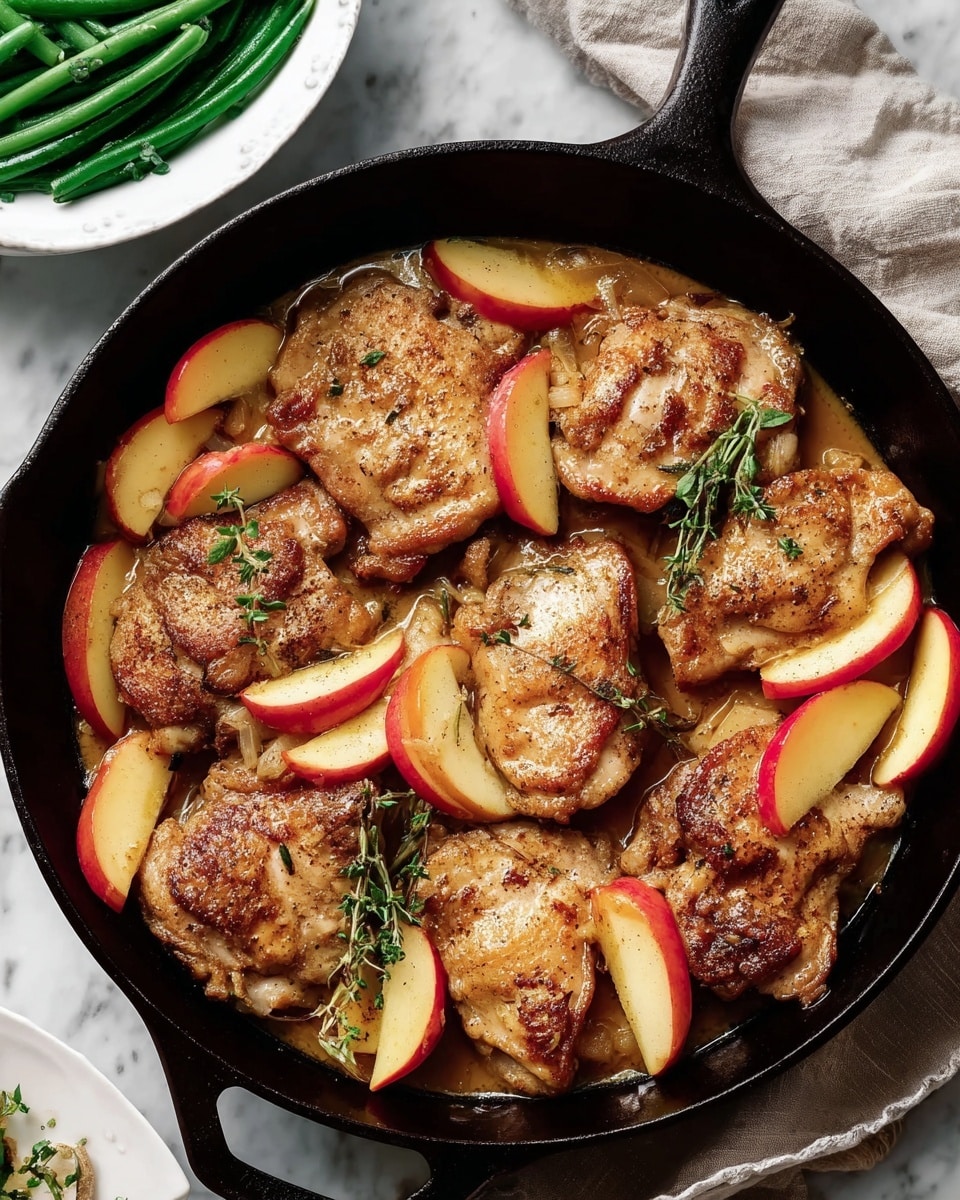 In a black cast-iron skillet on a white marbled surface, there are six pieces of golden brown chicken cooked with a light crust, each piece slightly different in size and shape. Around and on top of the chicken are soft slices of apple, some with red skin still on, showing a warm yellow to light red color with a gentle shine from the cooking juices. The dish is garnished with small green herb sprigs that stand out against the warm tones. The skillet has a subtle layer of light brown sauce pooling at the bottom, adding a glossy texture to the scene. Nearby, out of focus, is a white bowl filled with bright green cooked green beans. Photo taken with an iphone --ar 4:5 --v 7