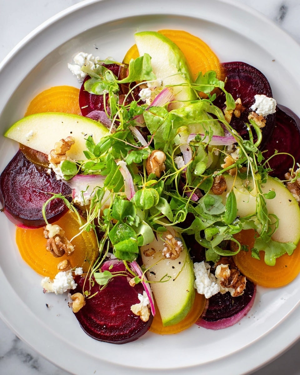 This dish is a colorful salad served on a white plate set on a white marbled surface. The salad has about four main layers: the bottom layer includes thin slices of bright orange and deep purple beets arranged evenly around the plate. On top of the beets are light green slices of apple placed in a scattered circular pattern. Over the fruit and root vegetables is a mix of fresh green leaves and microgreens, giving a fresh and leafy texture spread all over. Small pieces of white cheese are sprinkled throughout, adding a crumbly texture. The last layer has small walnut halves scattered for crunch, and thin translucent slices of white onion are laid across the salad. Photo taken with an iphone --ar 4:5 --v 7