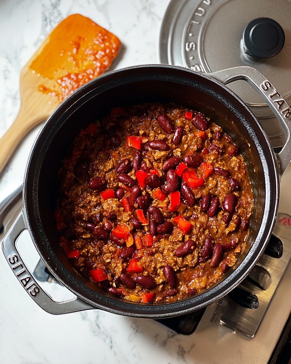 A black round Staub pot is filled with a thick stew that has three main layers visible: a brown chunky sauce with small grains and minced meat, a layer of dark red kidney beans evenly spread inside, and bright red bell pepper pieces scattered on top and mixed throughout. The pot is open, sitting on a stove with a white marbled texture surface visible around. To the left, a wooden spatula with some orange sauce rests on the stove edge. The pot’s lid, silver in color, is placed partially on the stove to the right. Photo taken with an iphone --ar 4:5 --v 7