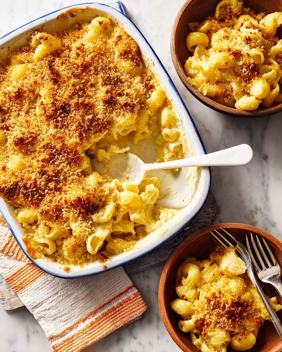 The image shows a white baking dish with blue edges filled with creamy macaroni and cheese topped with a golden brown crispy breadcrumb layer. A white spoon scoops out the cheesy pasta from the dish, revealing creamy, yellowish macaroni shells underneath the crunchy crust. Two brown bowls on a white marbled surface hold servings of the macaroni and cheese, each with a silver fork inside. A white and orange striped cloth napkin is placed near the baking dish. Photo taken with an iphone --ar 4:5 --v 7