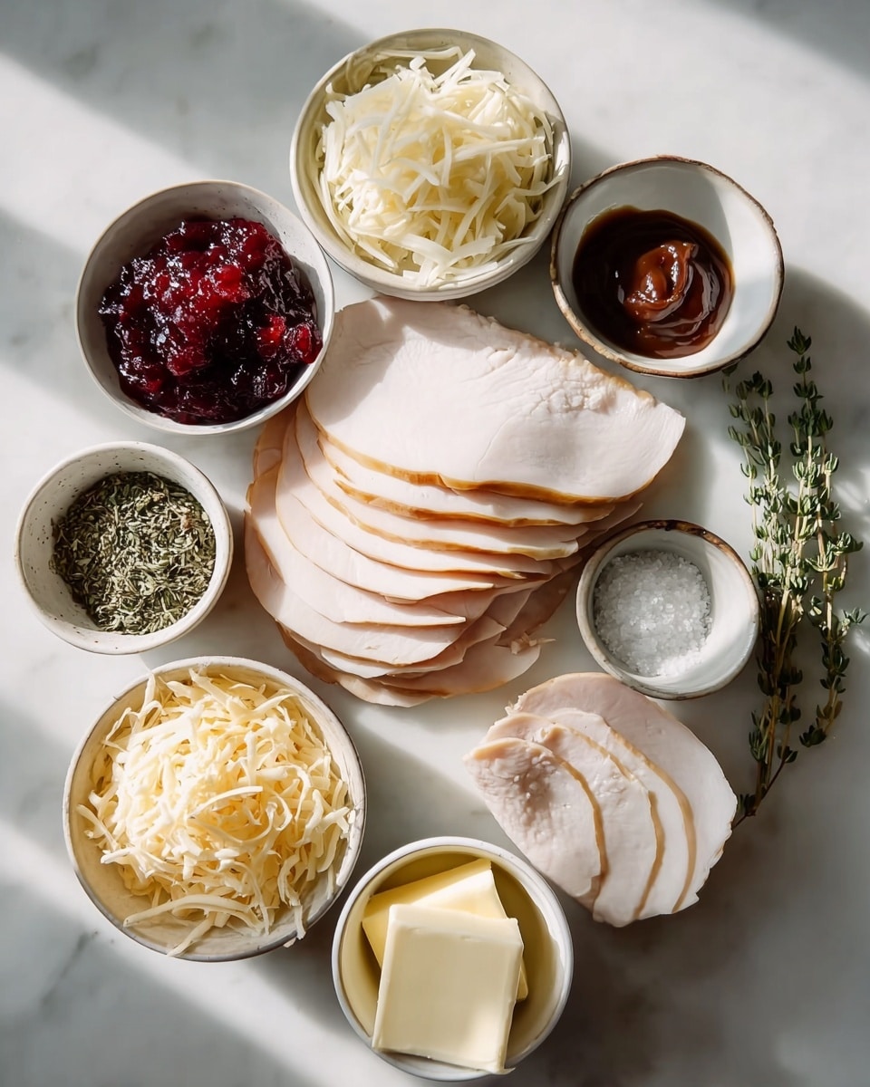 The image shows a white marbled surface with several small white bowls arranged in a loose circle around two piles of sliced turkey. The top pile has thin, pale slices with a smooth texture, stacked neatly, and the bottom pile shows similar slices with a slight pink edge. Surrounding these are bowls filled with different ingredients: one with a dark red chunky sauce, another with a shiny dark brown sauce, a third with green dried herbs, one with shredded pale yellow cheese, a bowl with white creamy mayonnaise, a bowl with a square of pale yellow butter, and a small bowl with coarse salt and fresh green thyme sprigs. The lighting casts soft shadows, and everything looks fresh and ready for preparing a meal. photo taken with an iphone --ar 4:5 --v 7