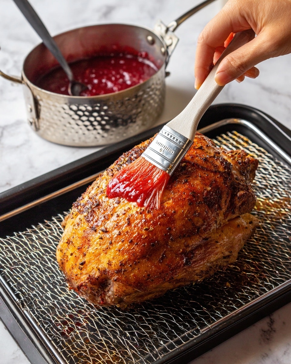A large roasted piece of golden brown meat with a crispy textured skin sits on a silver wire rack inside a black baking tray. A woman's hand is holding a brush with bright red sauce being spread over the top side of the meat. Nearby, a silver hammered pot contains more of the thick red sauce, sitting on a white marbled surface. The scene shows a close-up action of glazing the meat with sauce for added shine and flavor photo taken with an iphone --ar 4:5 --v 7