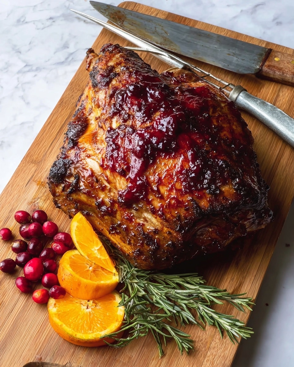 A large roasted piece of meat is placed on a wooden board with a grey-handled carving fork and knife behind it. The meat has a rich, dark reddish-brown glaze on top with a slightly crispy, textured surface. Below, near the meat, there are bright orange wedges and fresh cranberries scattered alongside a sprig of green rosemary, adding colorful contrast. The whole setup is on a white marbled surface. photo taken with an iphone --ar 4:5 --v 7