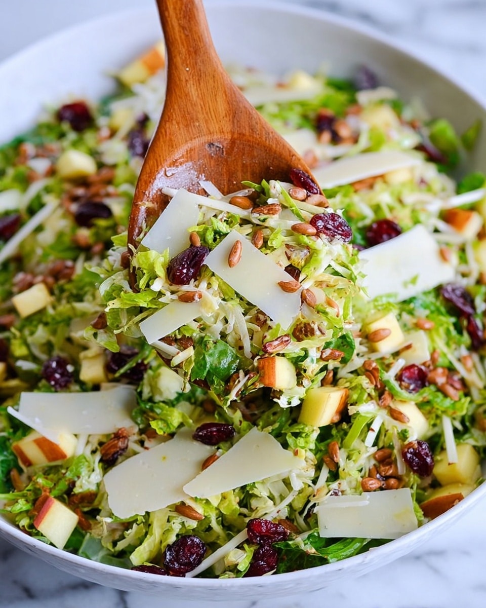 A close-up view of a fresh salad displayed in a white bowl on a white marbled surface with a wooden spoon lifting a portion in the center. The salad has multiple layers: a base of finely shredded green leafy vegetables, mixed with small cubes of red and yellow apple pieces, scattered dried red cranberries, and toasted brown sunflower seeds. Thin, broad white cheese slices are spread throughout, adding a creamy texture and contrasting color. The wooden spoon has white stripes and holds a colorful mix of all these ingredients in a balanced blend. The photo taken with an iphone --ar 4:5 --v 7