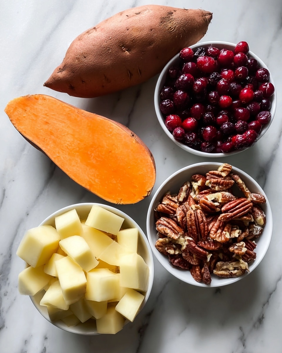 The image shows four groups of food items on a white marbled surface. On the left, there is one whole brown sweet potato and one sweet potato cut in half showing bright orange flesh inside. At the bottom center, there are evenly cut light yellow cubed pieces, possibly melon or apple. On the right side, there are two small white bowls; the top bowl is filled with shiny, red and dark red cranberries, while the bottom bowl contains brown, textured pecan halves and pieces. The arrangement is neat and simple with natural light, giving a fresh and wholesome look photo taken with an iphone --ar 4:5 --v 7