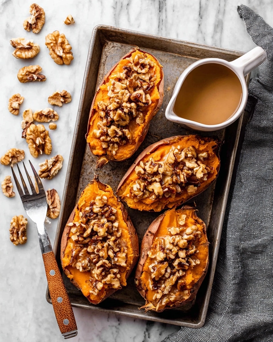 Four baked sweet potato halves fill a metal tray, each topped with a layer of soft, bright orange sweet potato mash and a generous top layer of chopped, toasted walnuts that add a crunchy texture in brown and cream shades. To the right side of the tray, a small white round sauce dish with a handle holds a smooth, light brown syrup or sauce. A wooden fork with a patterned handle rests along the left edge of the tray. The tray is placed on a white marbled surface with scattered walnut pieces nearby and a gray cloth is partially visible in the top right corner. photo taken with an iphone --ar 4:5 --v 7