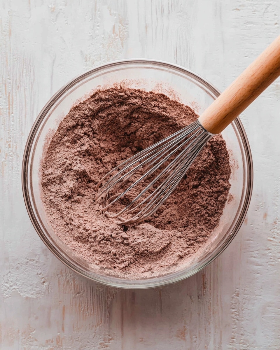 A clear glass bowl filled with a dry mixture of light and dark brown powder, likely cocoa or chocolate baking mix, with fine texture and some small clumps visible. Inside the bowl, a metal whisk with a wooden handle rests partially buried in the powder, its thin wires touching the mixture. The bowl sits on a surface with a white marbled texture, creating a clean and bright background for the scene. photo taken with an iphone --ar 4:5 --v 7