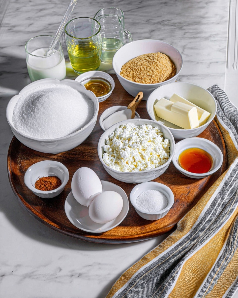 The image shows a collection of baking ingredients arranged neatly on a round wooden tray placed on a white marbled surface. There are three white bowls of different sizes, one filled with white sugar, another with golden brown sugar, and one with cottage cheese. Two white eggs sit in a small white bowl in the front. Small white dishes hold cinnamon, salt, and a small amount of maple syrup, while a larger bowl has two sticks of butter. Behind these, two clear glasses hold oil and milk. A striped cloth with yellow, gray, and white hues lies beneath some dishes on the right side. The setup is clean and bright, with everything clearly visible and separated, photo taken with an iphone --ar 4:5 --v 7