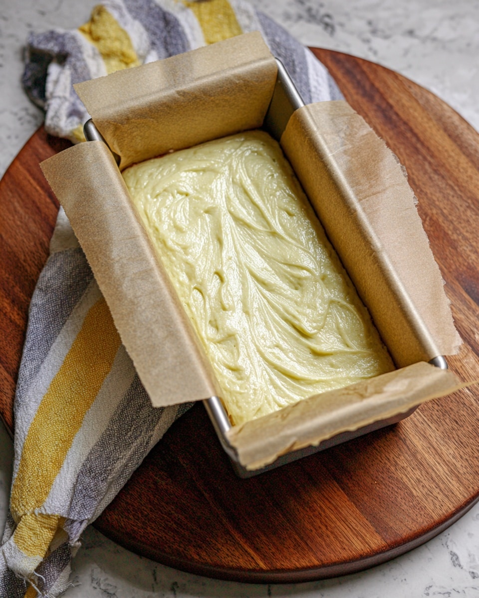 A rectangular baking pan lined with light brown parchment paper holds a thick, pale yellow batter with a smooth, swirled texture on top, filling the pan evenly. This pan sits on a round wooden board, with a striped cloth in yellow, white, gray, and blue colors placed behind it. The scene is set against a white marbled surface. Photo taken with an iphone --ar 4:5 --v 7