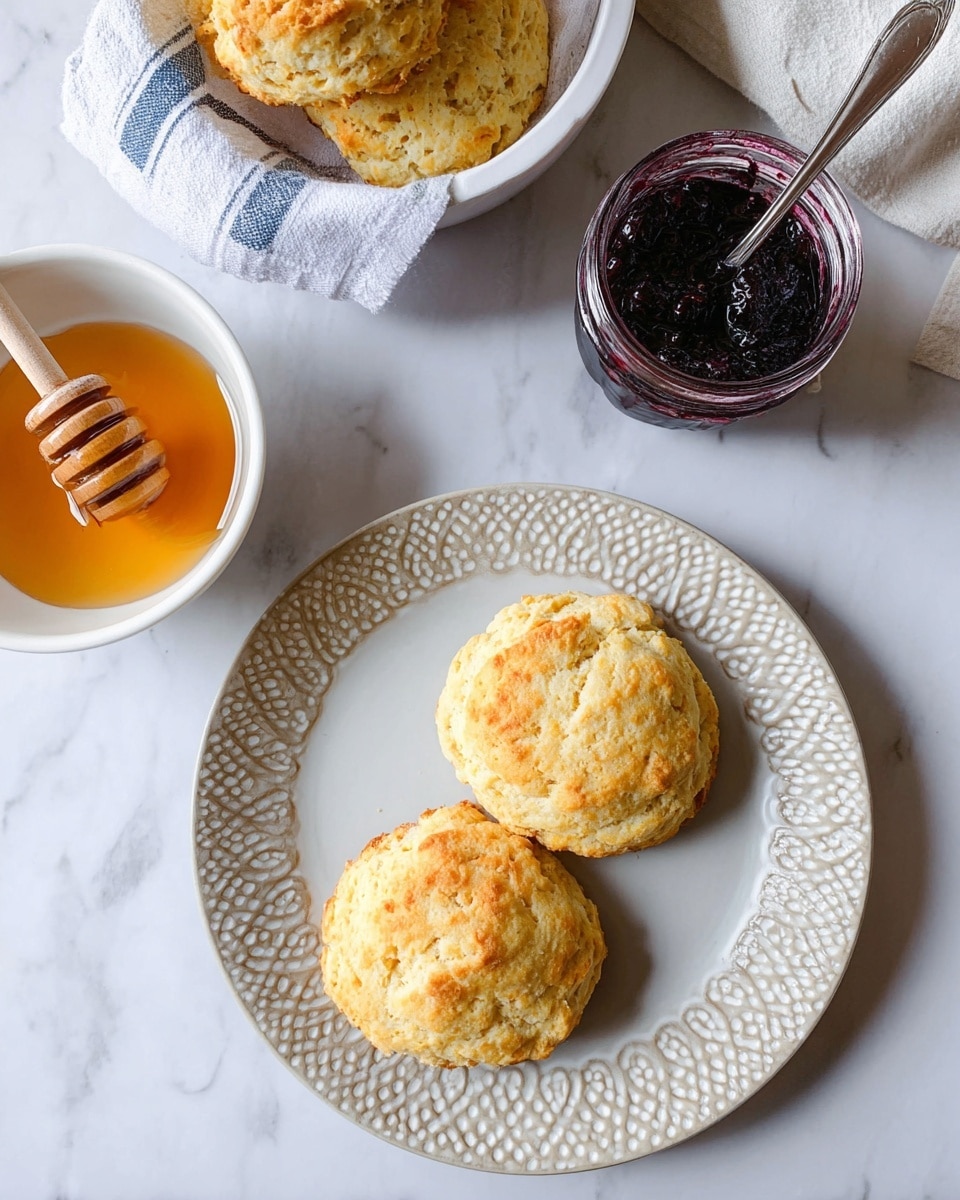 The image shows two light golden-brown biscuits with a rough, soft texture placed side by side on a white plate with a detailed circular pattern. To the top left, there is a white bowl lined with a white and blue striped cloth, holding more biscuits with the same texture and color. In the bottom left corner, a white bowl filled with clear amber honey has a wooden honey dipper resting on its edge, partially dipped in the honey. To the right side of the plate, there is a jar filled with dark purple-blue jam with a spoon inside. The whole setting rests on a white marbled surface. Photo taken with an iphone --ar 4:5 --v 7
