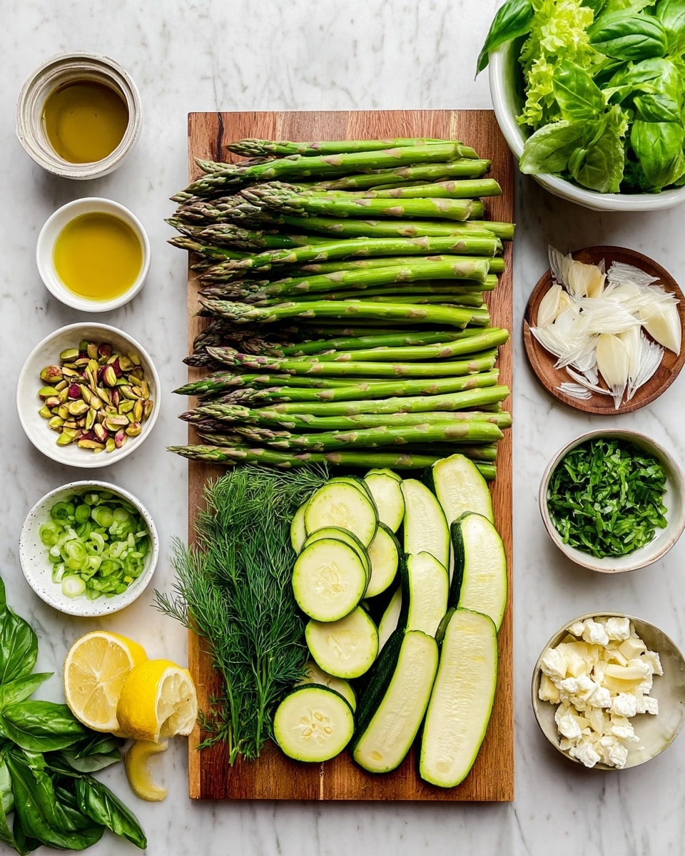 A wooden cutting board is placed on a white marbled surface with fresh green asparagus spears lined up on the left side and peeled zucchini slices arranged neatly on the right. To the right of the zucchini, there are fresh dill sprigs and beside them half a lemon cut in two. Surrounding the cutting board are small white bowls containing chopped green onions, finely chopped shallots, a light brown liquid, a golden oil, chopped pistachios, minced garlic, fresh basil leaves, and crumbled white cheese. A white bowl with leafy green lettuce is also visible in the upper right corner. The photo is taken with an iphone --ar 4:5 --v 7