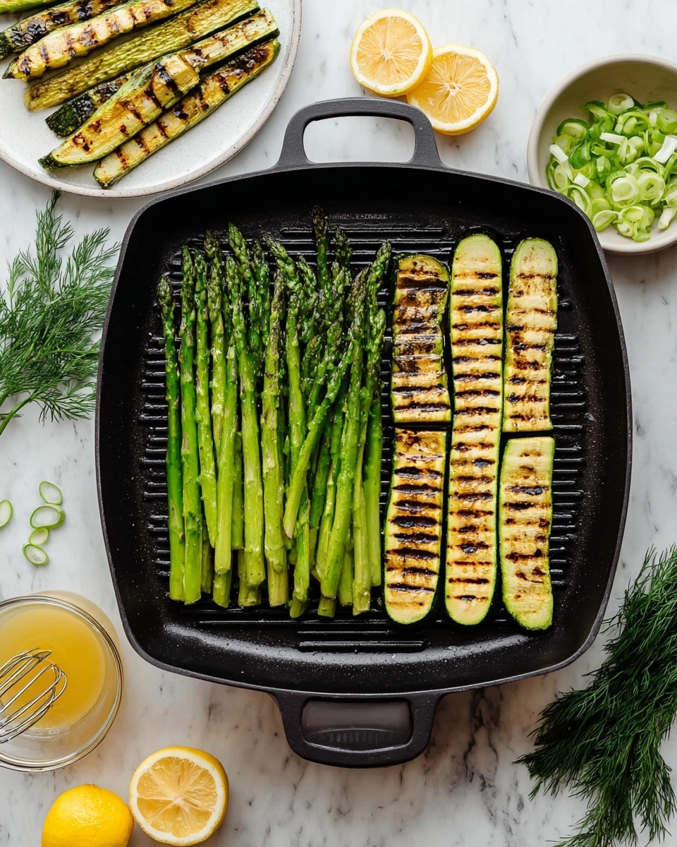 A black square grill pan sits on a white marble surface, filled with two main layers of grilled vegetables arranged side by side: on the left, a row of bright green asparagus spears with light grill marks, and on the right, four long strips of zucchini with dark, even grill lines. To the left is a white plate holding more grilled asparagus and zucchini pieces. Below the pan, there is a small glass bowl containing a light yellow dressing with a small whisk inside. To the right of the pan is a small white bowl filled with sliced green onions, and above that are halved lemons and small sprigs of dill scattered on the marble surface. The photo is taken with an iphone --ar 4:5 --v 7