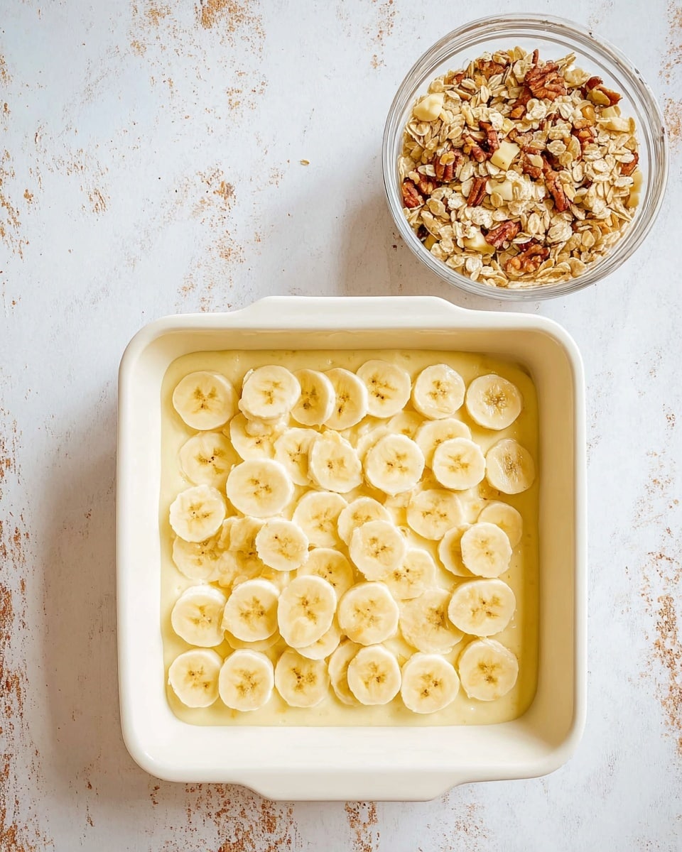 The image shows a square white baking dish filled with a creamy, pale yellow mixture topped with a layer of evenly arranged round banana slices. Each banana slice is fresh with a smooth texture and light yellow color with small brown spots in the center. Next to the baking dish, there is a clear glass bowl holding a mixture of oats, chopped nuts, and chunks of cereal, creating a rough texture with a mix of beige, brown, and off-white colors. The baking dish and bowl are placed on a white marbled surface that has slight patches of brown and black, giving a rustic feel. photo taken with an iphone --ar 4:5 --v 7